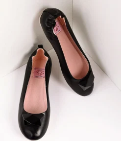 Unique Vintage Flats>Vintage Style Black Leatherette & Geometric Gem Ballet Flats
