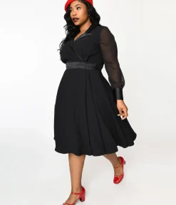 Unique Vintage Swing|Pocket Dresses>Vintage Style Black Polly Swing Dress