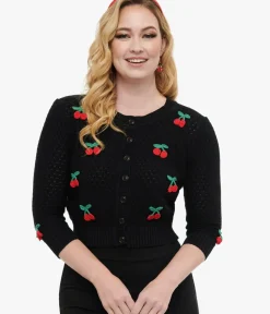 Unique Vintage Sweaters & Cardigans|All Things Red>Vintage Style Black & Red Cherry Three-Quarter Sleeve Knit Crop Cardigan