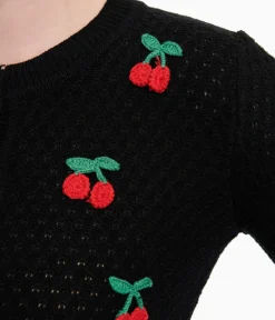Unique Vintage Sweaters & Cardigans|All Things Red>Vintage Style Black & Red Cherry Three-Quarter Sleeve Knit Crop Cardigan