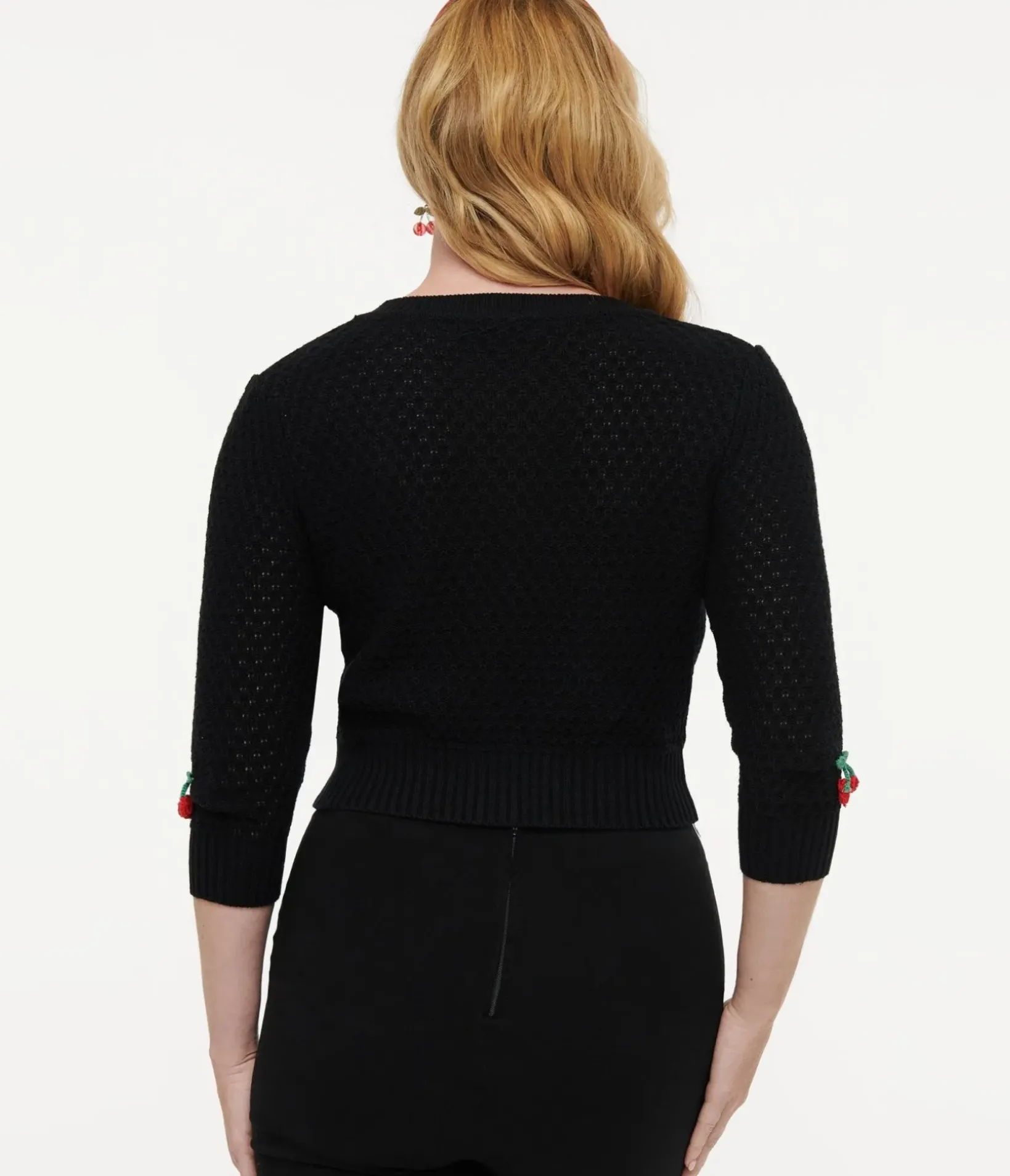 Unique Vintage Sweaters & Cardigans|All Things Red>Vintage Style Black & Red Cherry Three-Quarter Sleeve Knit Crop Cardigan