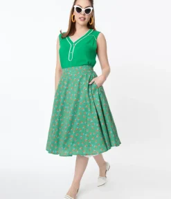 Unique Vintage All Things Red>Vintage Style Green Dotted & Red Floral Swing Skirt