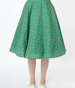 Unique Vintage All Things Red>Vintage Style Green Dotted & Red Floral Swing Skirt