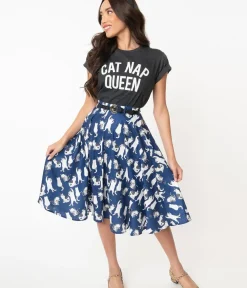 Unique Vintage Skirts>Vintage Style Navy & White Cat Print Swing Skirt