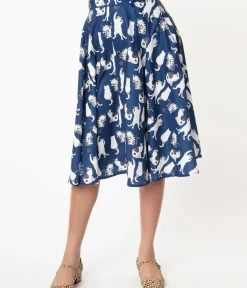 Unique Vintage Skirts>Vintage Style Navy & White Cat Print Swing Skirt