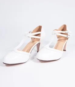 Unique Vintage Special Occasion|Heels>Vintage Style White Leatherette Round Toe T-Strap Heels