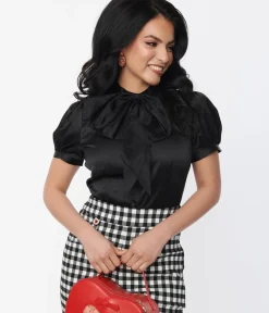 Unique Vintage Work Wear>Voodoo Vixen Black Bold Bow Satin Blouse