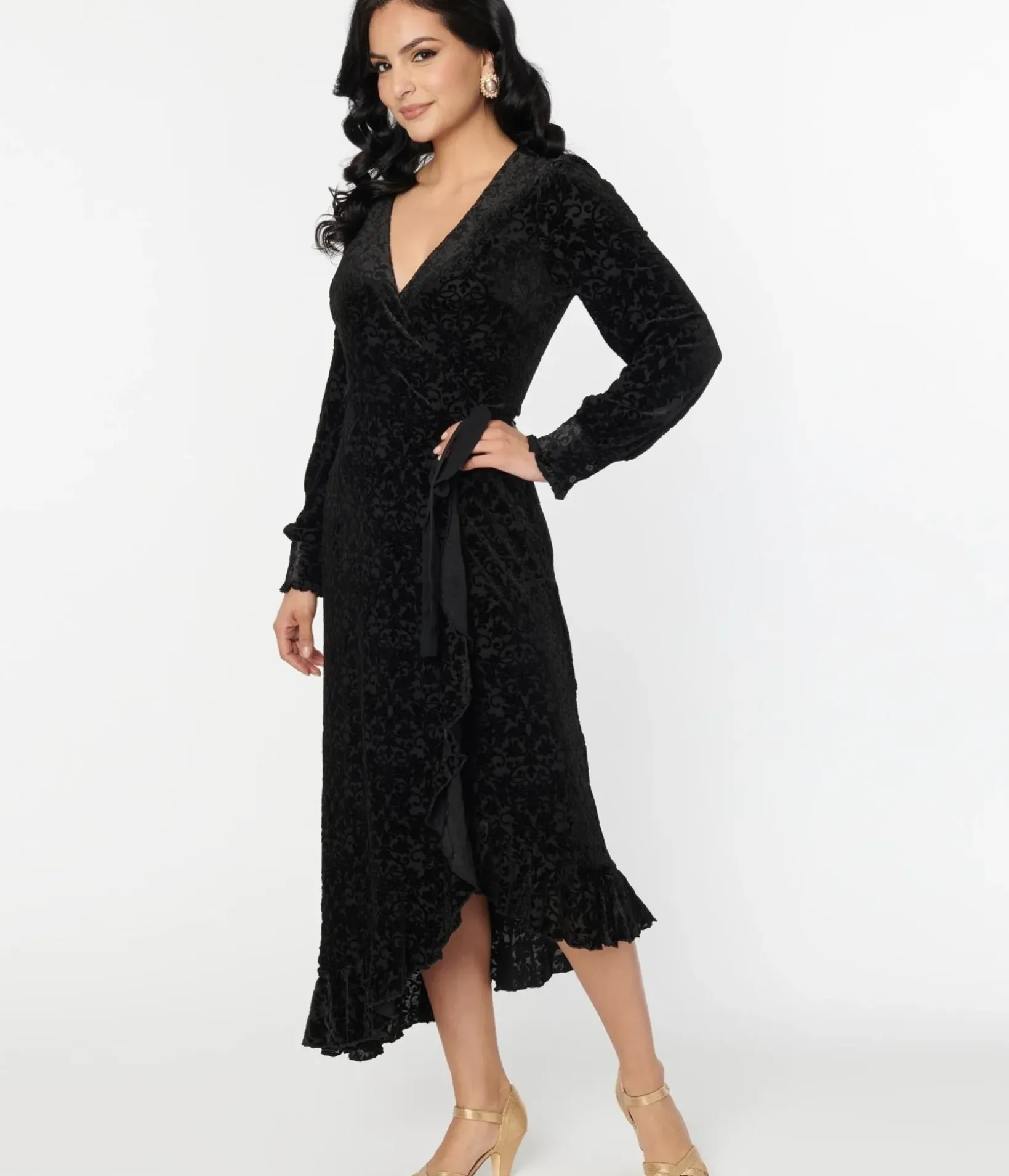 Unique Vintage Midi|Wrap Dresses>Voodoo Vixen Black Devore Gayle Wrap Dress