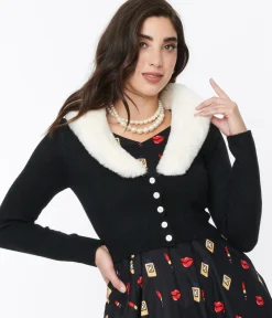 Unique Vintage Sweaters & Cardigans>Voodoo Vixen Black Faux Fur Collar Cropped Cardigan
