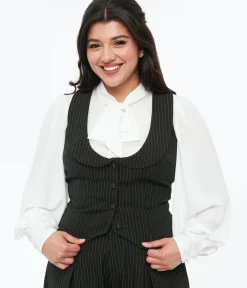Unique Vintage All Things Black|Work Wear>Voodoo Vixen Black & White Pinstripe Button Up Vest