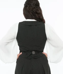 Unique Vintage All Things Black|Work Wear>Voodoo Vixen Black & White Pinstripe Button Up Vest
