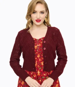 Unique Vintage Sweaters & Cardigans|Work Wear>Voodoo Vixen Burgundy Flower Button Cardigan