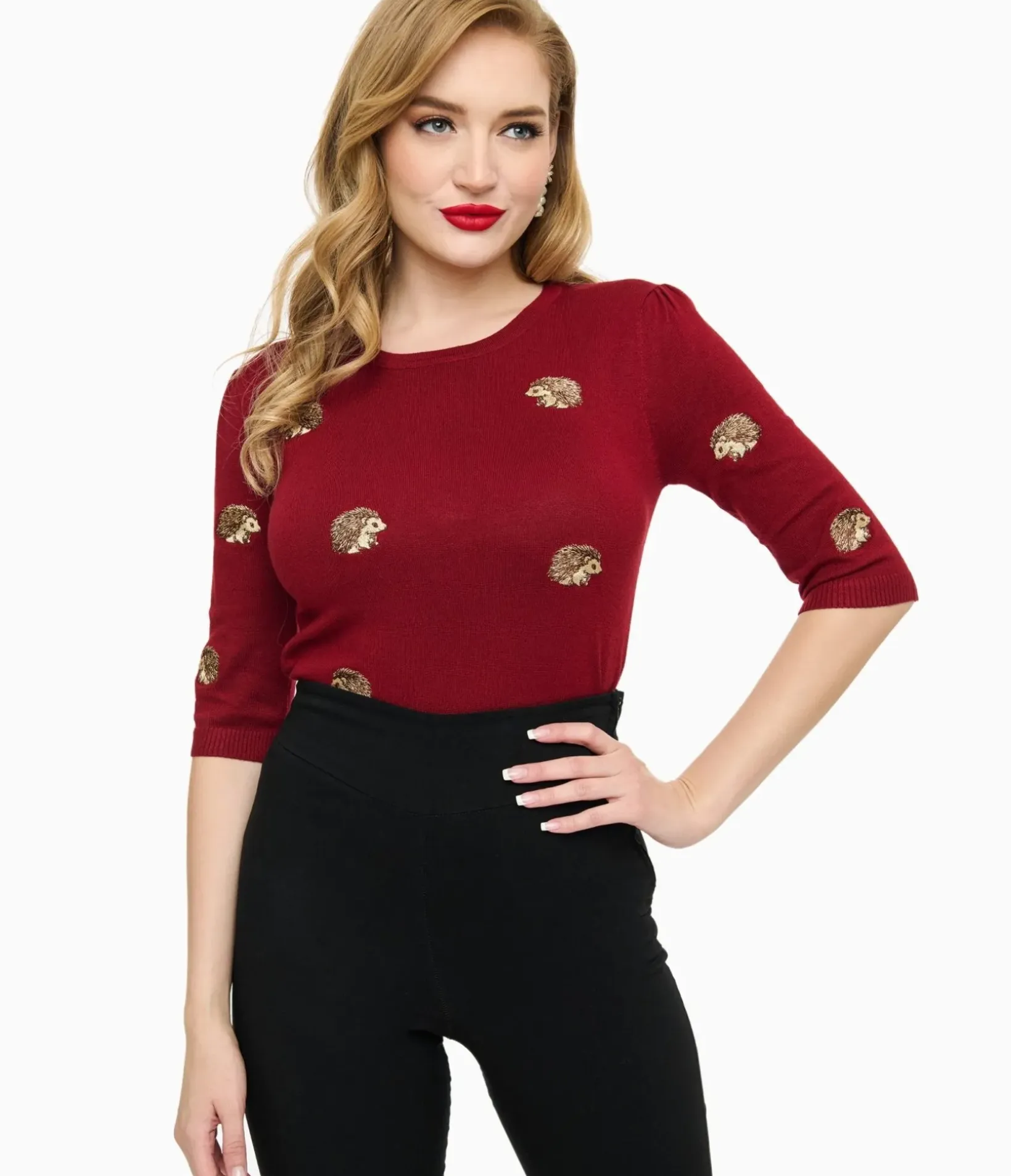 Unique Vintage Sweaters & Cardigans>Voodoo Vixen Burgundy Hedgehogs Sweater