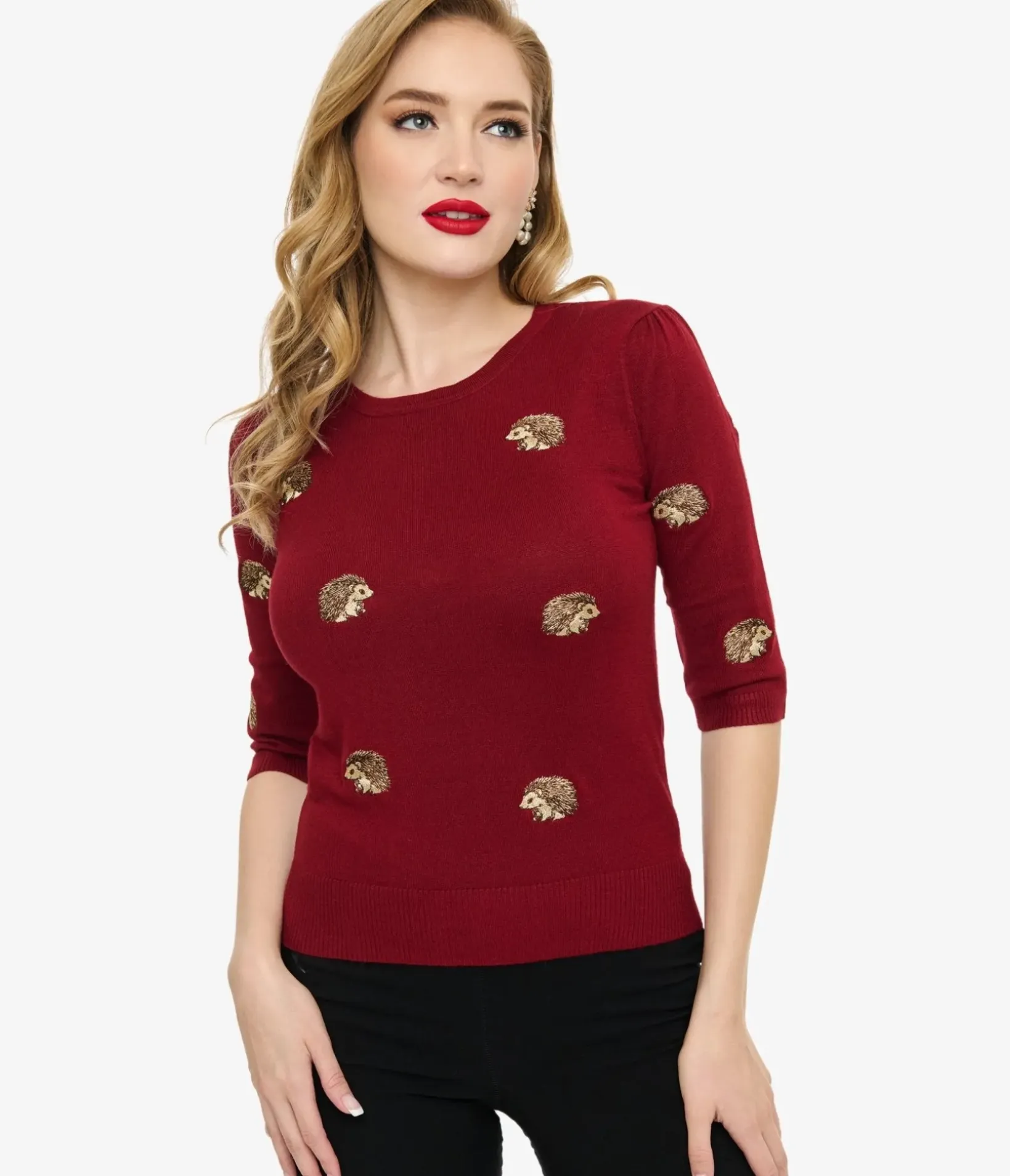 Unique Vintage Sweaters & Cardigans>Voodoo Vixen Burgundy Hedgehogs Sweater