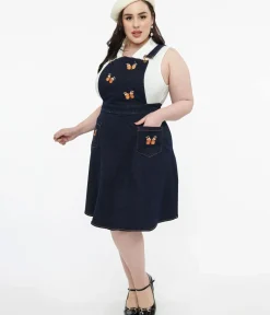 Unique Vintage Skirts>Voodoo Vixen Butterfly Denim Pinafore Skirt
