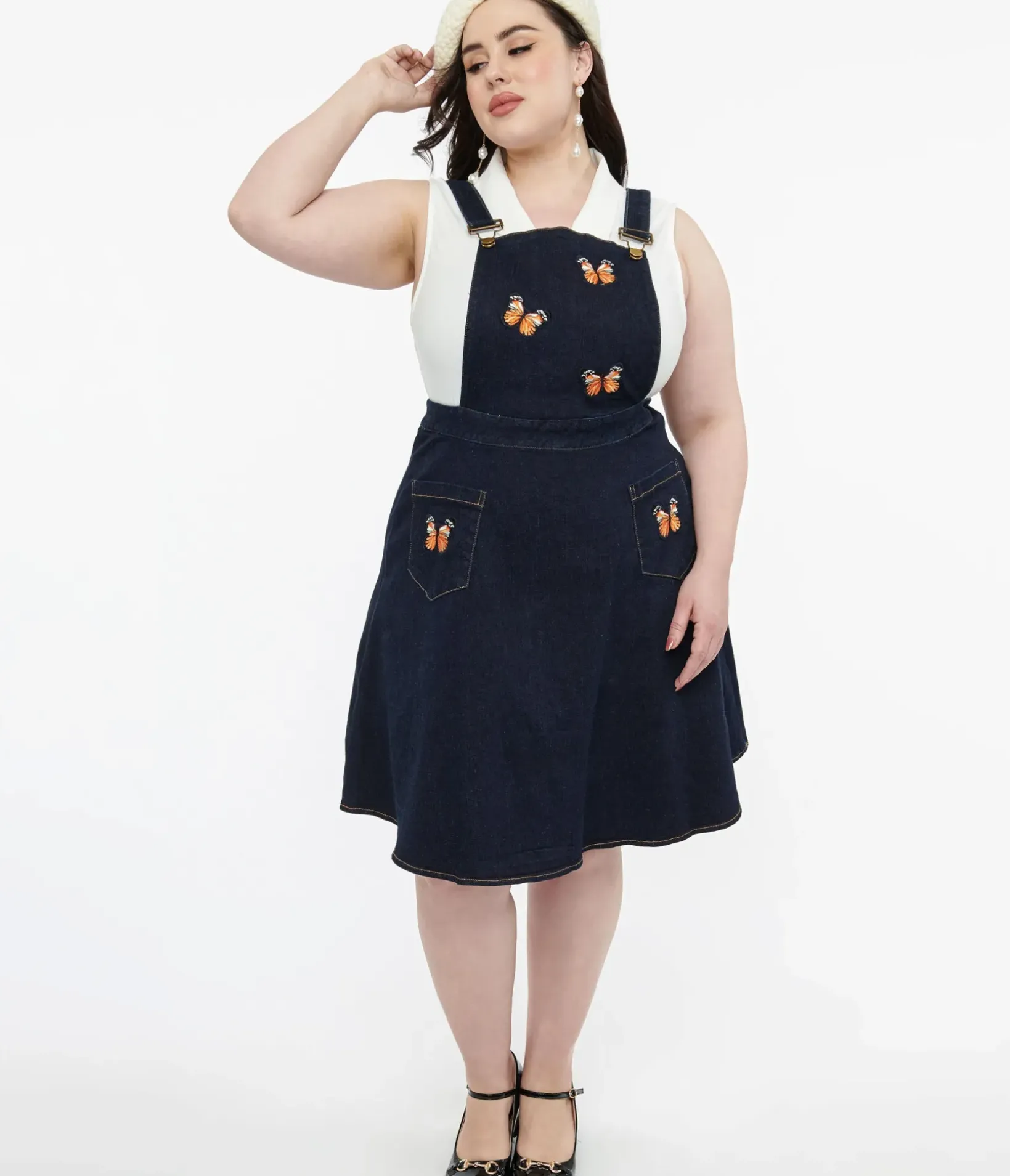 Unique Vintage Skirts>Voodoo Vixen Butterfly Denim Pinafore Skirt