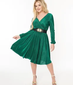 Unique Vintage Swing|Swing>Voodoo Vixen Green Pleated Satin Swing Dress