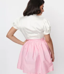Unique Vintage Work Wear>Voodoo Vixen Ivory Bold Bow Satin Blouse