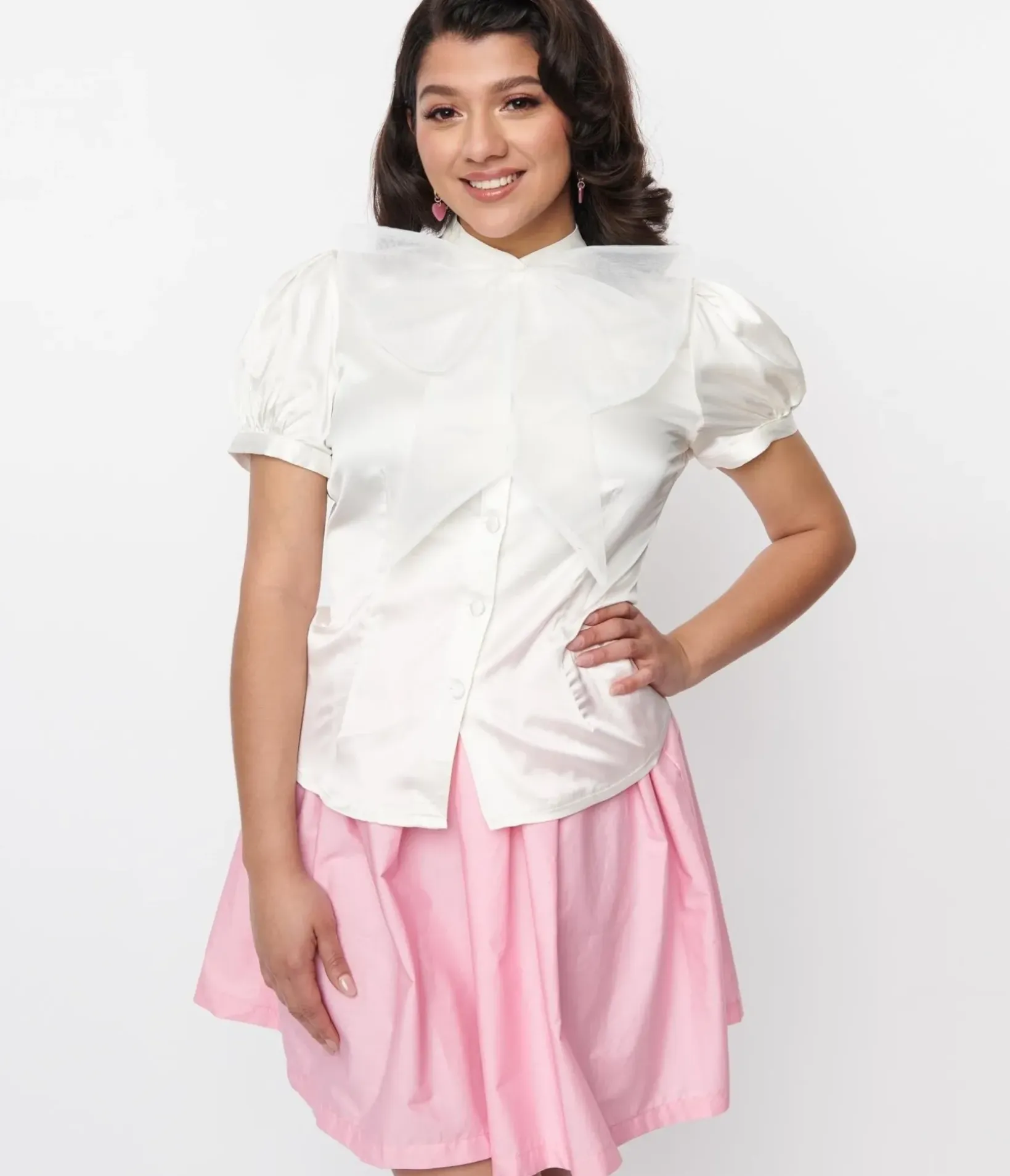 Unique Vintage Work Wear>Voodoo Vixen Ivory Bold Bow Satin Blouse