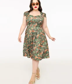 Unique Vintage Swing|Pocket Dresses>Voodoo Vixen Plus Size 1950s Green Woodland Creatures Print Swing Dress