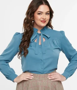 Unique Vintage Blouses|Work Wear>Voodoo Vixen 1950s Blue Keyhole Tie Neck Blouse