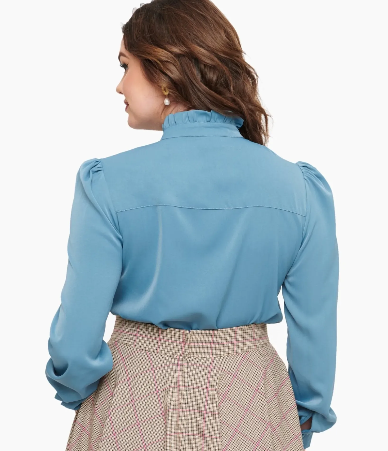 Unique Vintage Blouses|Work Wear>Voodoo Vixen 1950s Blue Keyhole Tie Neck Blouse