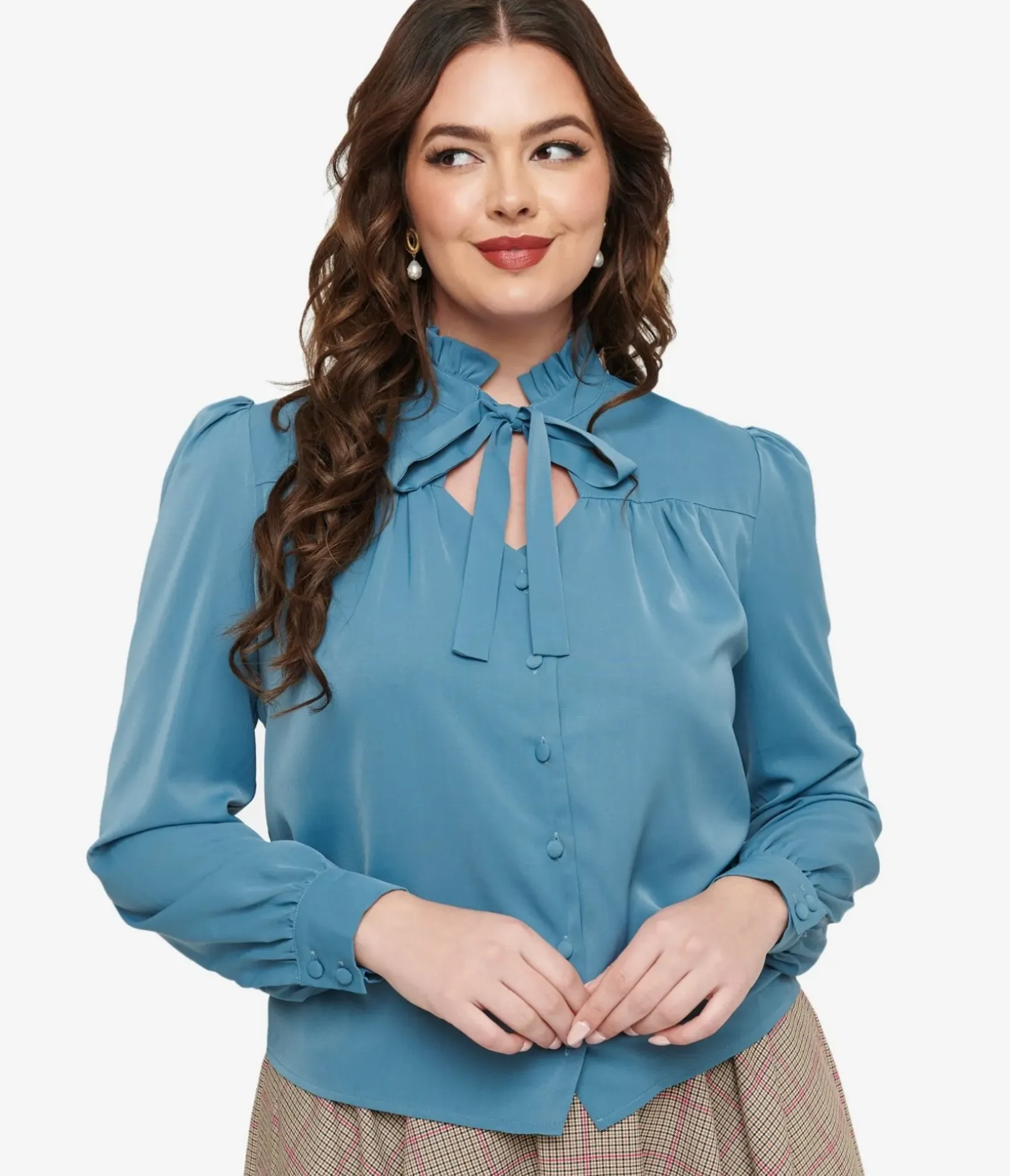 Unique Vintage Blouses|Work Wear>Voodoo Vixen 1950s Blue Keyhole Tie Neck Blouse