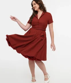 Unique Vintage Fit & Flare|Everyday Dresses>Voodoo Vixen 1950s Burgundy Bow Fit & Flare Dress