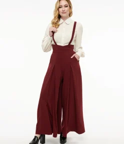 Unique Vintage Pants|Pants>Voodoo Vixen 1950s Burgundy High Waist Suspender Pants