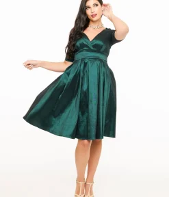 Unique Vintage Swing|Fit & Flare>Voodoo Vixen 1950s Emerald Taffeta Sweetheart Fit & Flare Dress