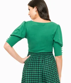 Unique Vintage Work Wear>Voodoo Vixen 1950s Green Front Tie Jersery Knit Top