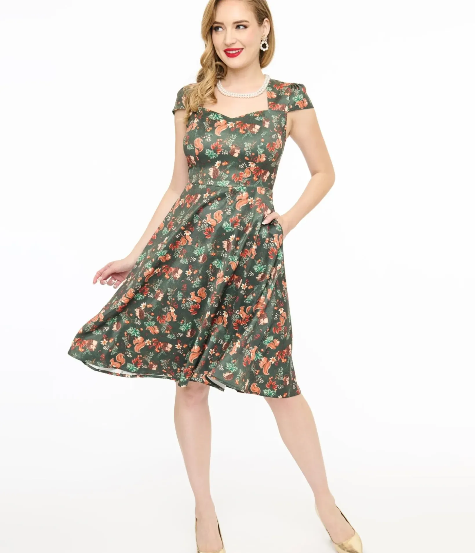 Unique Vintage Swing|Pocket Dresses>Voodoo Vixen 1950s Green Woodland Creatures Print Swing Dress