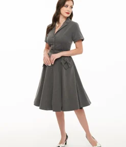 Unique Vintage Fit & Flare|Everyday Dresses>Voodoo Vixen 1950s Grey Bow Fit & Flare Dress