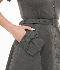 Unique Vintage Fit & Flare|Everyday Dresses>Voodoo Vixen 1950s Grey Bow Fit & Flare Dress