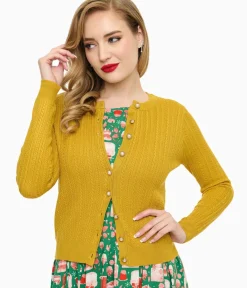 Unique Vintage Sweaters & Cardigans|Work Wear>Voodoo Vixen 1950s Mustard Yellow Textured Cardigan