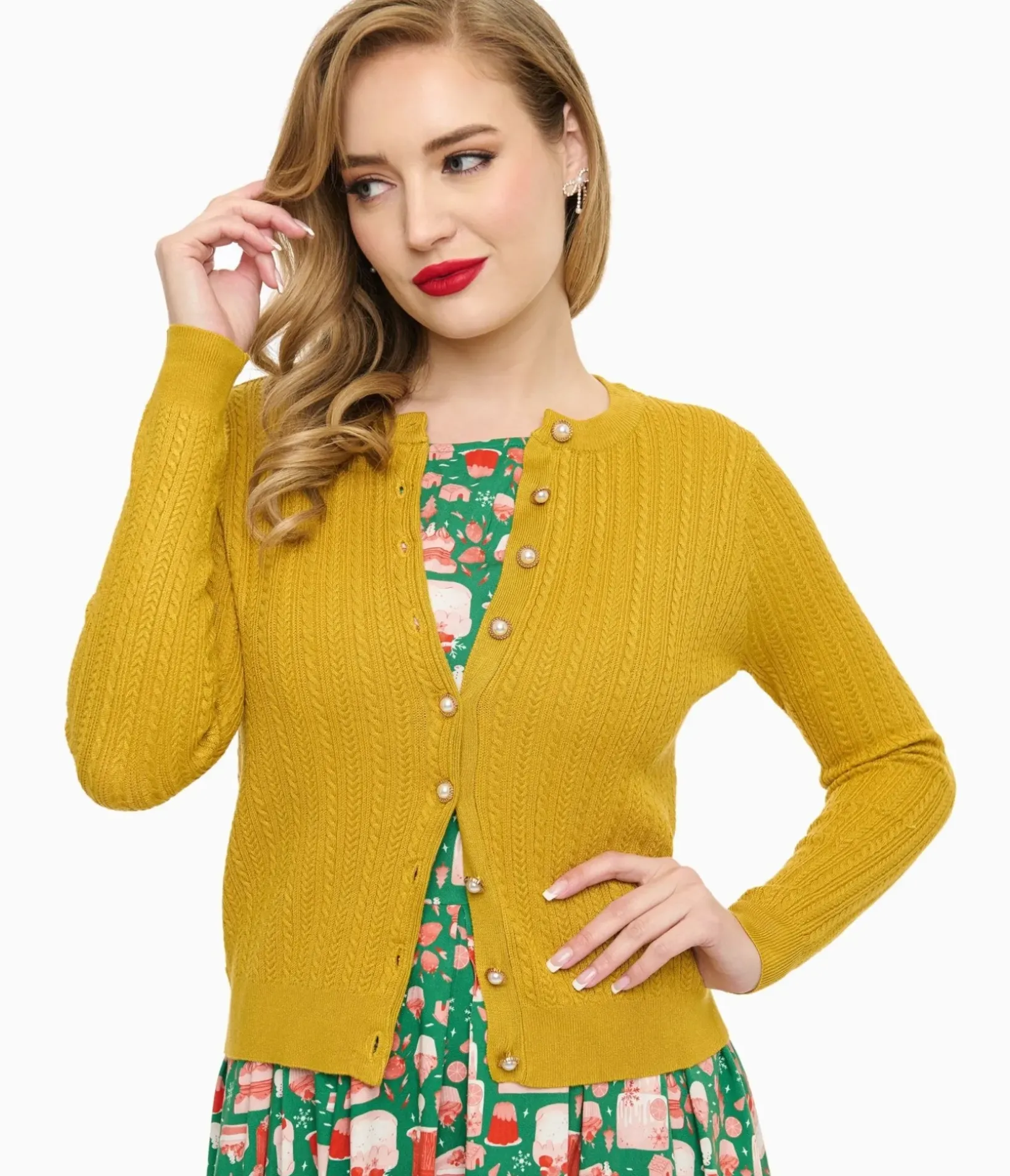 Unique Vintage Sweaters & Cardigans|Work Wear>Voodoo Vixen 1950s Mustard Yellow Textured Cardigan