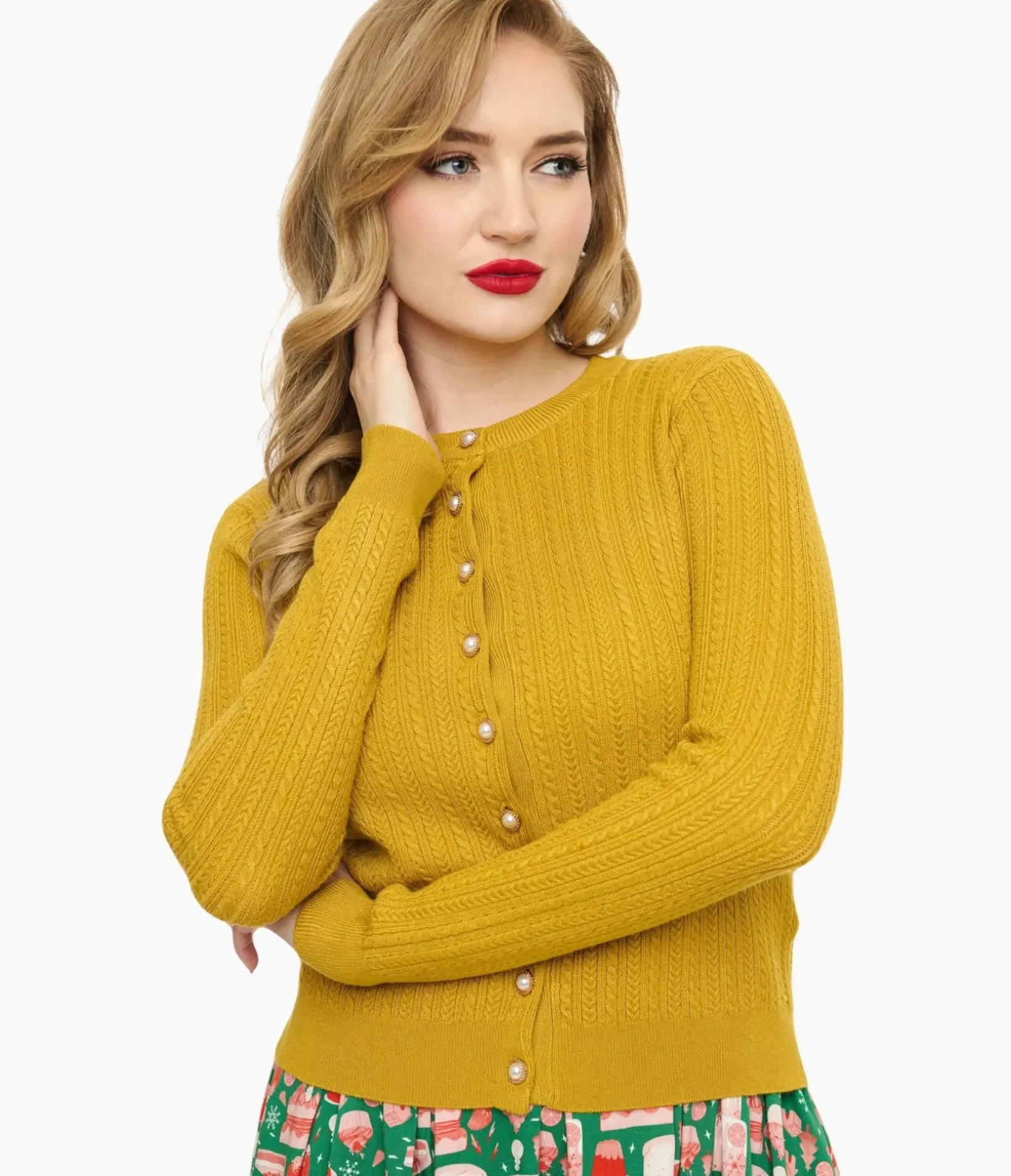 Unique Vintage Sweaters & Cardigans|Work Wear>Voodoo Vixen 1950s Mustard Yellow Textured Cardigan