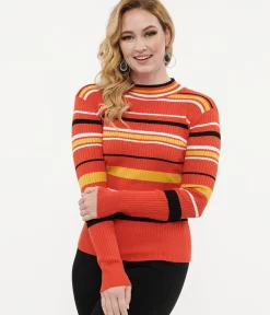 Unique Vintage Sweaters & Cardigans|Sweaters & Cardigans>Voodoo Vixen 1970s Orange Striped High Neck Sweater