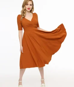Unique Vintage Swing|Fit & Flare>Voodoo Vixen 1950s Orange Wrapover Swing Dress