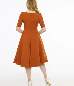 Unique Vintage Swing|Fit & Flare>Voodoo Vixen 1950s Orange Wrapover Swing Dress