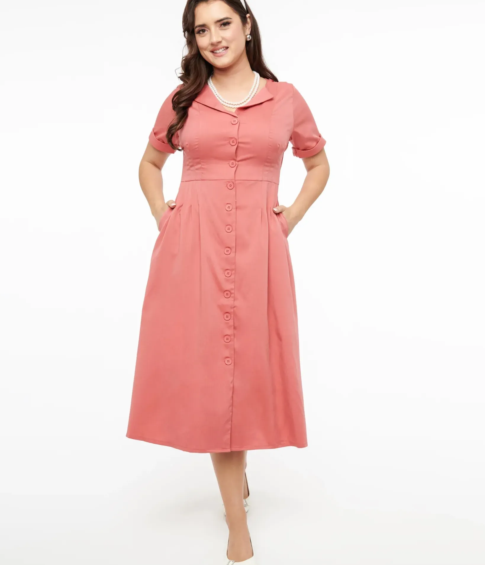 Unique Vintage Pocket Dresses|Everyday Dresses>Voodoo Vixen 1940s Pink Midi Shirt Dress