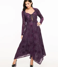 Unique Vintage Maxi|Midi & Maxi>Wax Poetic Purple & Black Spiderweb Willow Maxi Dress & Bolero Set