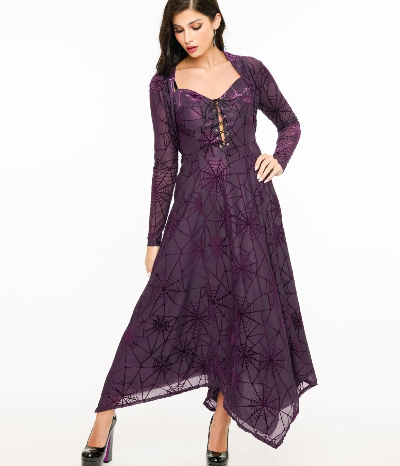 Unique Vintage Maxi|Midi & Maxi>Wax Poetic Purple & Black Spiderweb Willow Maxi Dress & Bolero Set