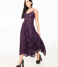 Unique Vintage Maxi|Midi & Maxi>Wax Poetic Purple & Black Spiderweb Willow Maxi Dress & Bolero Set