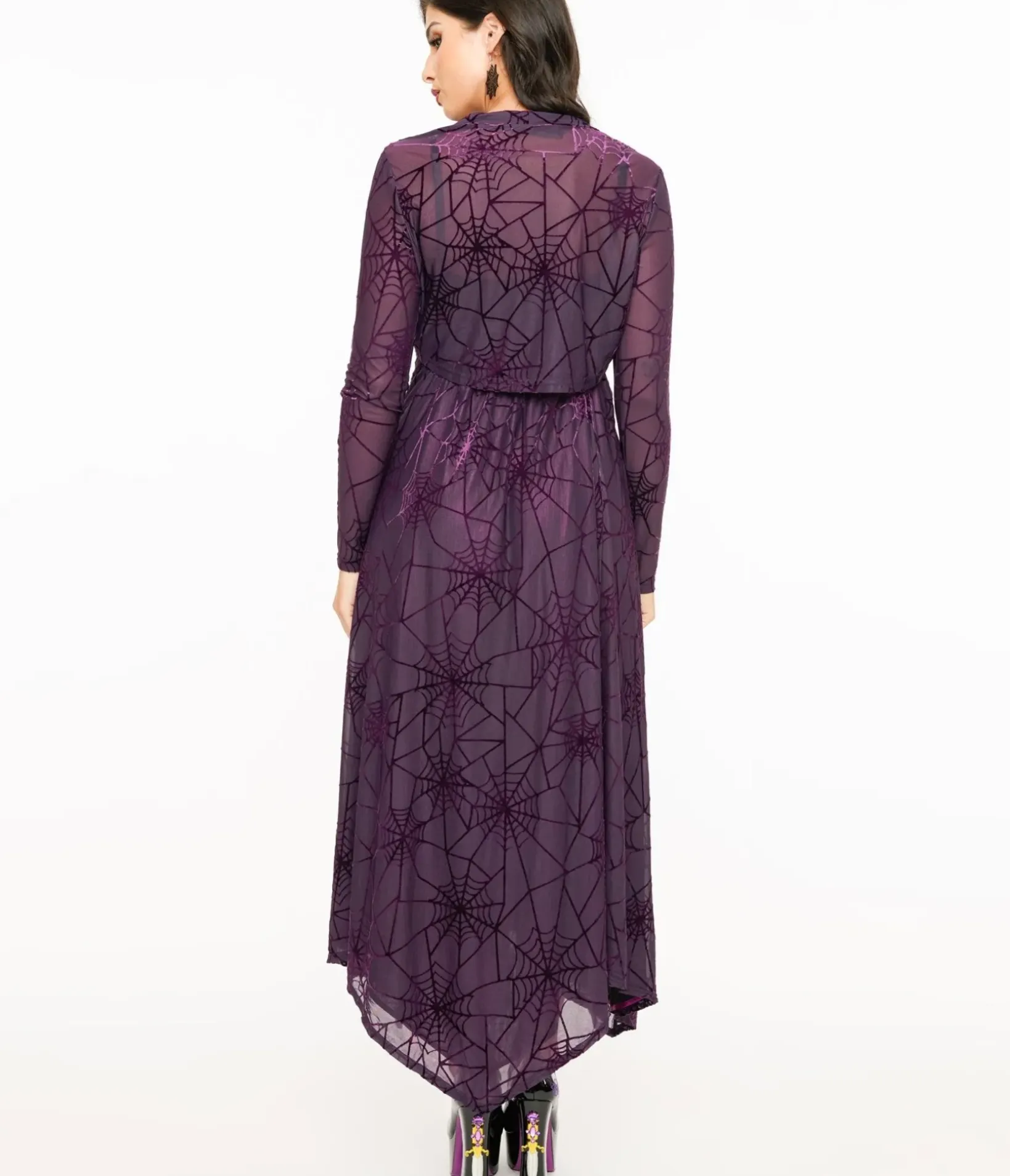Unique Vintage Maxi|Midi & Maxi>Wax Poetic Purple & Black Spiderweb Willow Maxi Dress & Bolero Set