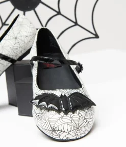 Unique Vintage Halloween|Flats>White & Black Bat Spiderweb Mary Jane Flats