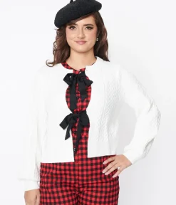 Unique Vintage Sweaters & Cardigans|Work Wear>White & Black Bow Tie Cardigan