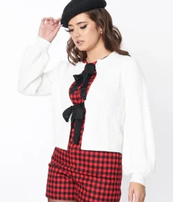 Unique Vintage Sweaters & Cardigans|Work Wear>White & Black Bow Tie Cardigan