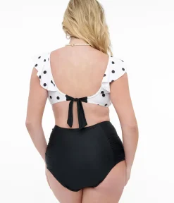 Unique Vintage Two Piece Swim|Two Piece Swim>White & Black Polka Dot Swim Set