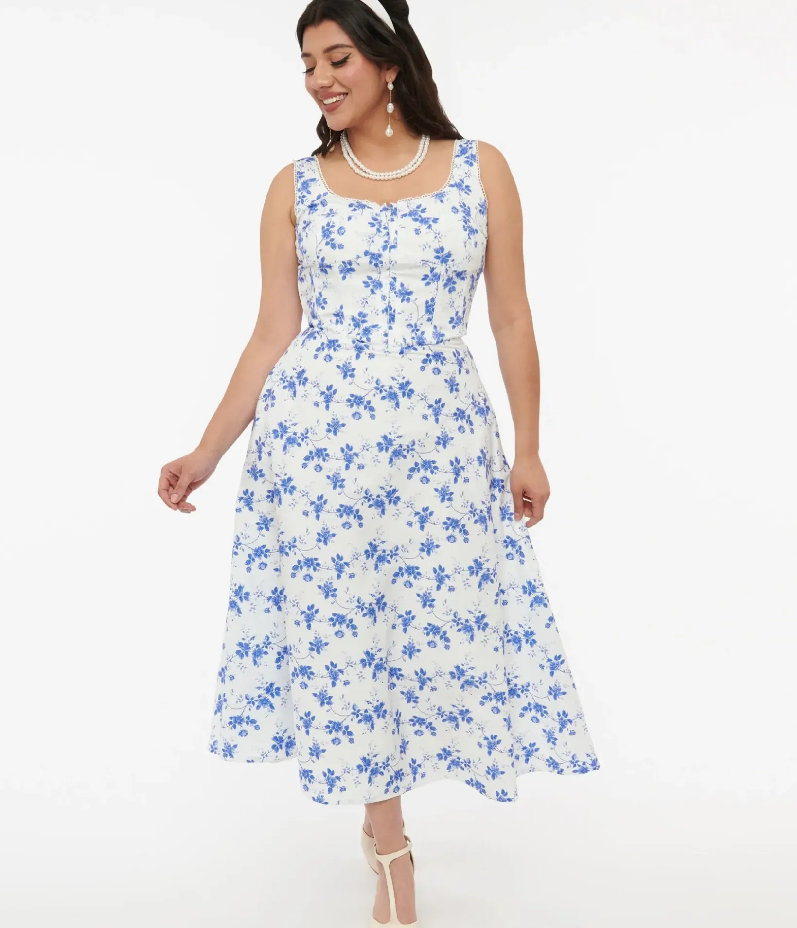 Unique Vintage Midi|Pocket Dresses>White & Blue Floral Cotton Midi Dress